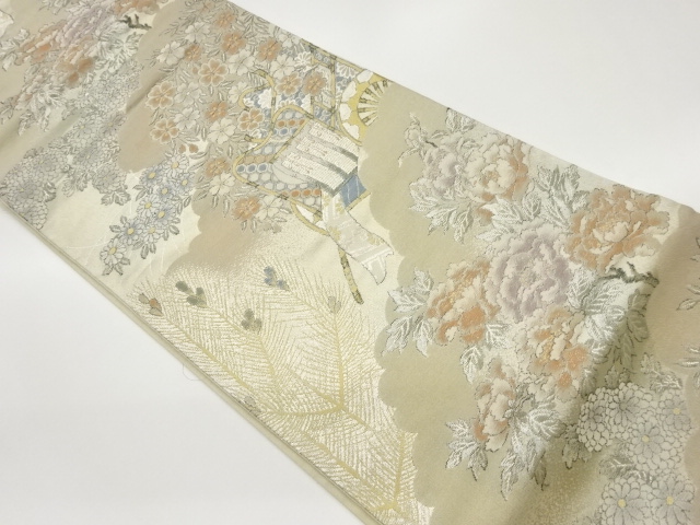 雲に御所車・花々模様織出し袋帯